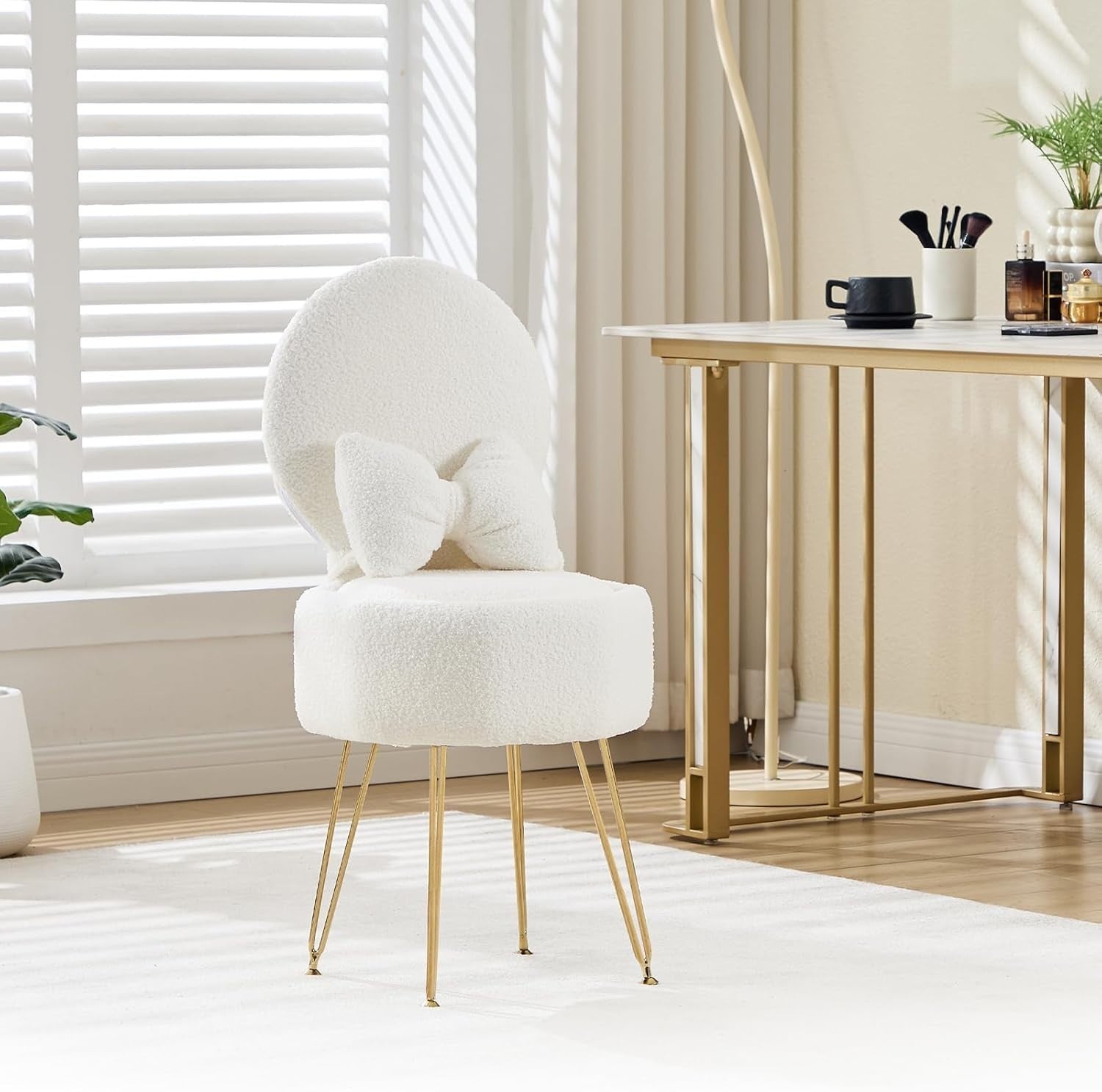 White Sherpa Vanity Chair with Storage & Foldable Back – Makeup Stool