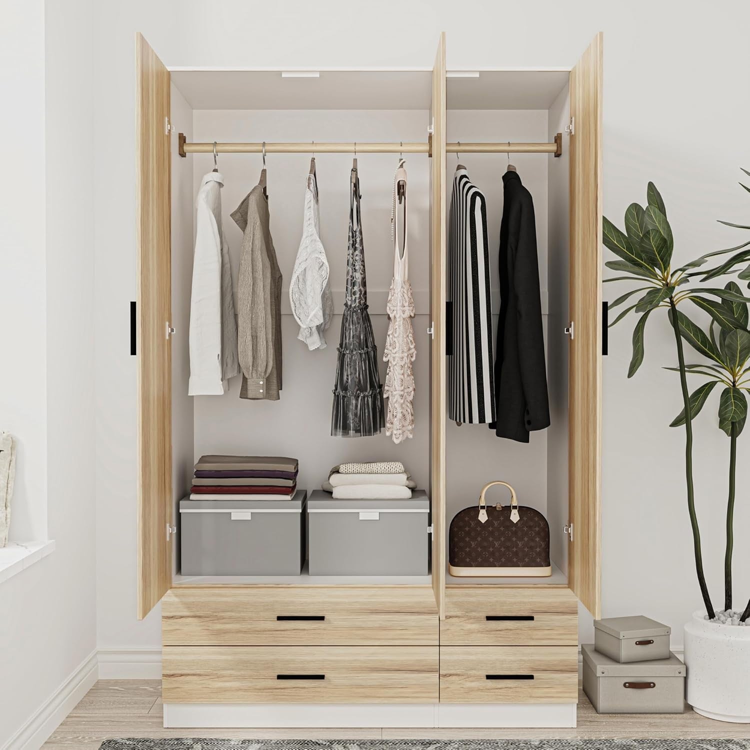Modern 3-Door 4-Drawer Wardrobe with Hanging Rail & Storage Shelf – Oak/White