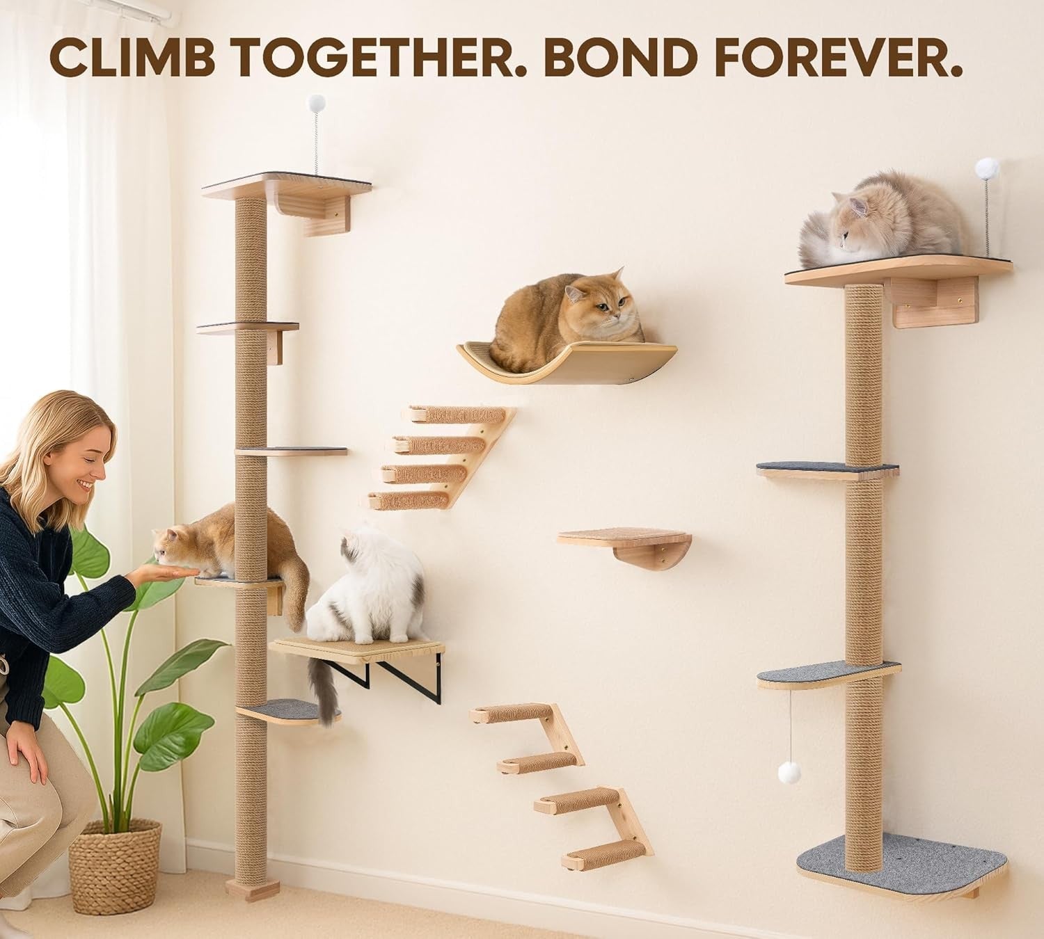Wall Mounted Cat Tree 210cm 5 Tier Scratching Post Tall Cat Climbing Tower