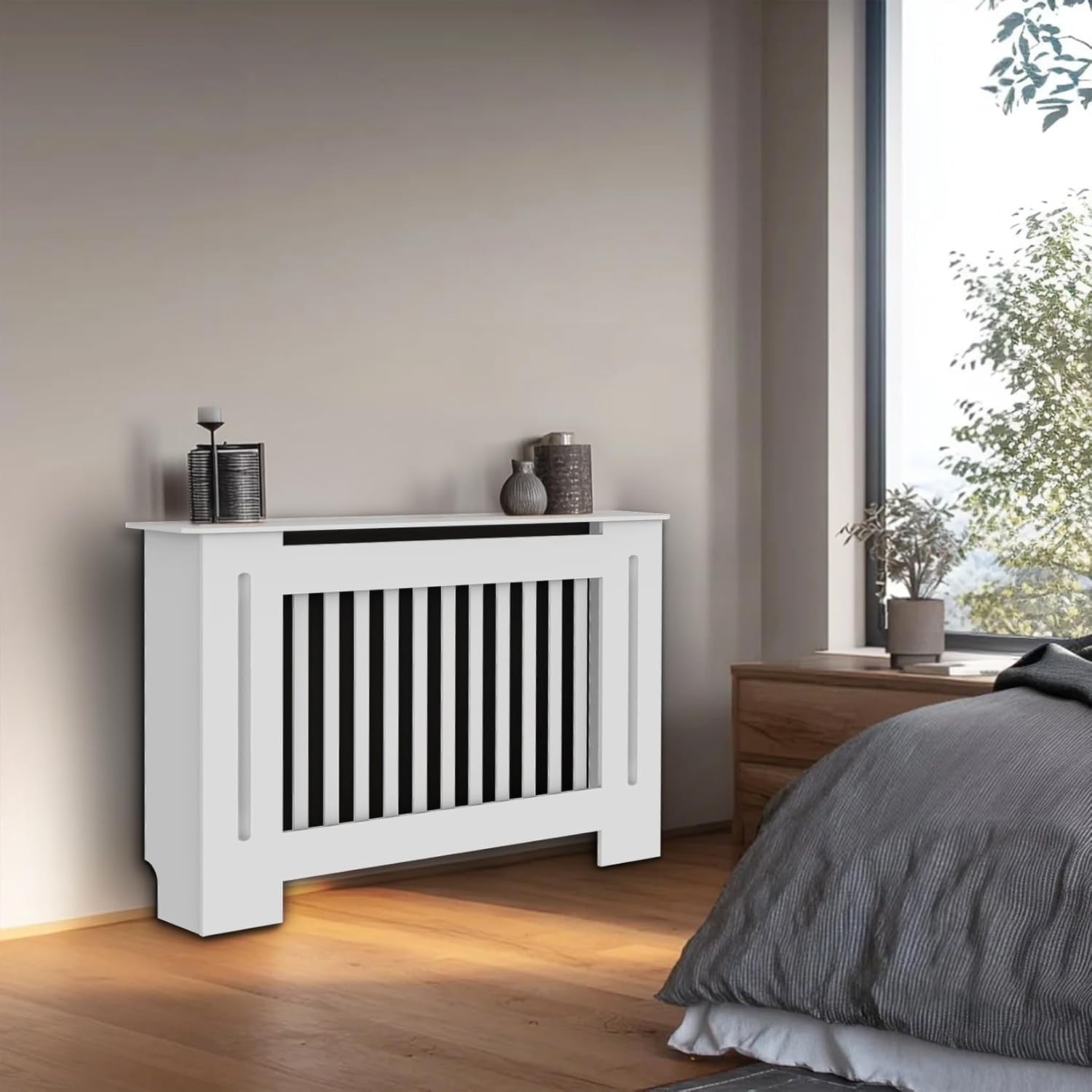 Tall White Radiator Cover Cabinet 92cm High MDF Vertical Slat Heater Cover
