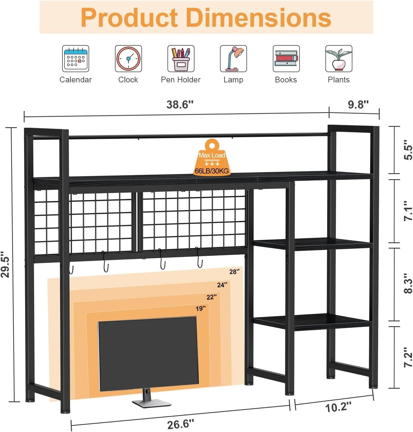 38.6" Desk Hutch Shelf with Pegboard Hooks | 4-Tier Desktop Organizer Rack Black