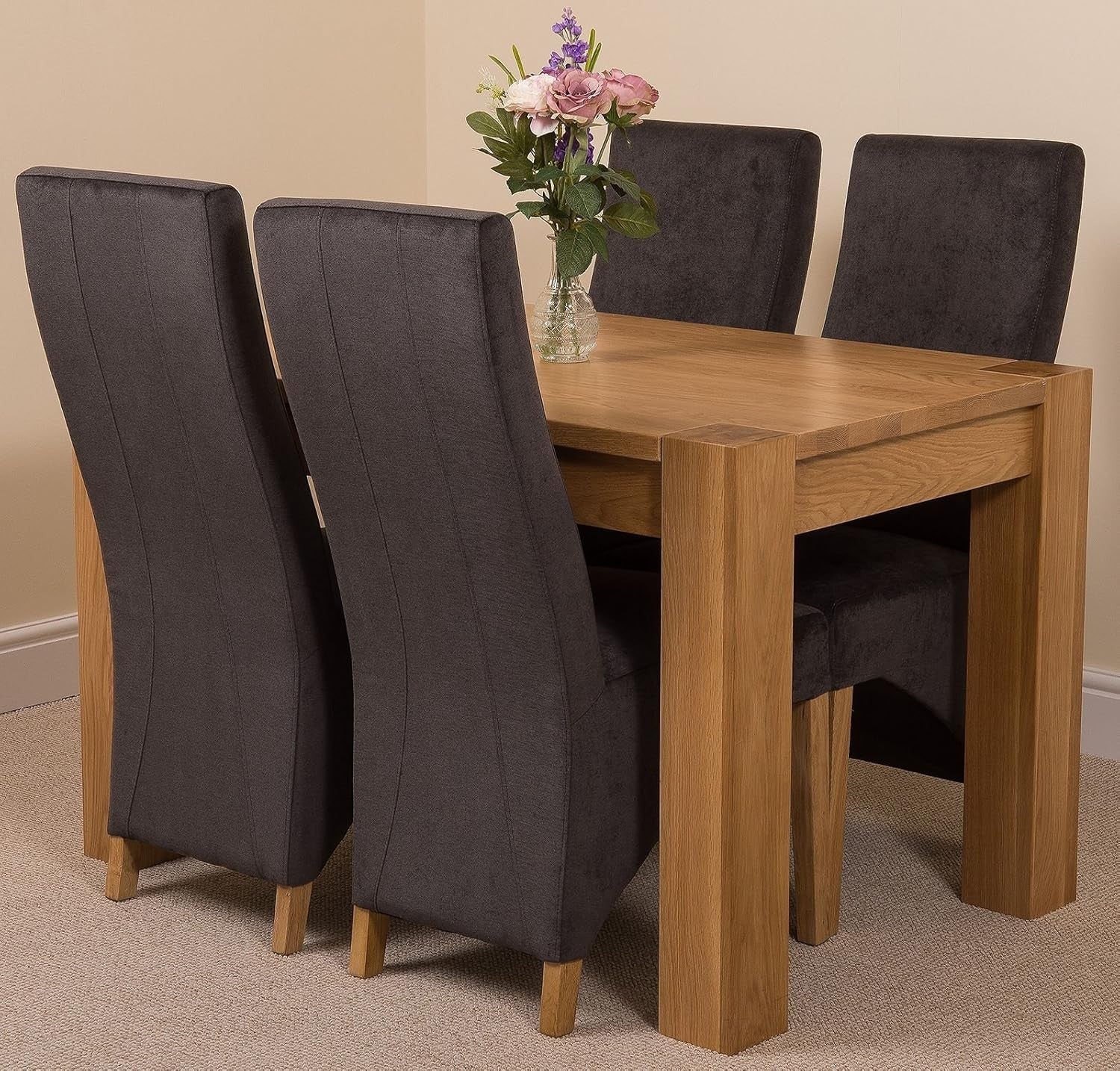 Solid Oak Dining Table 4 Chairs Set Dark Grey Fabric 125x80cm Modern