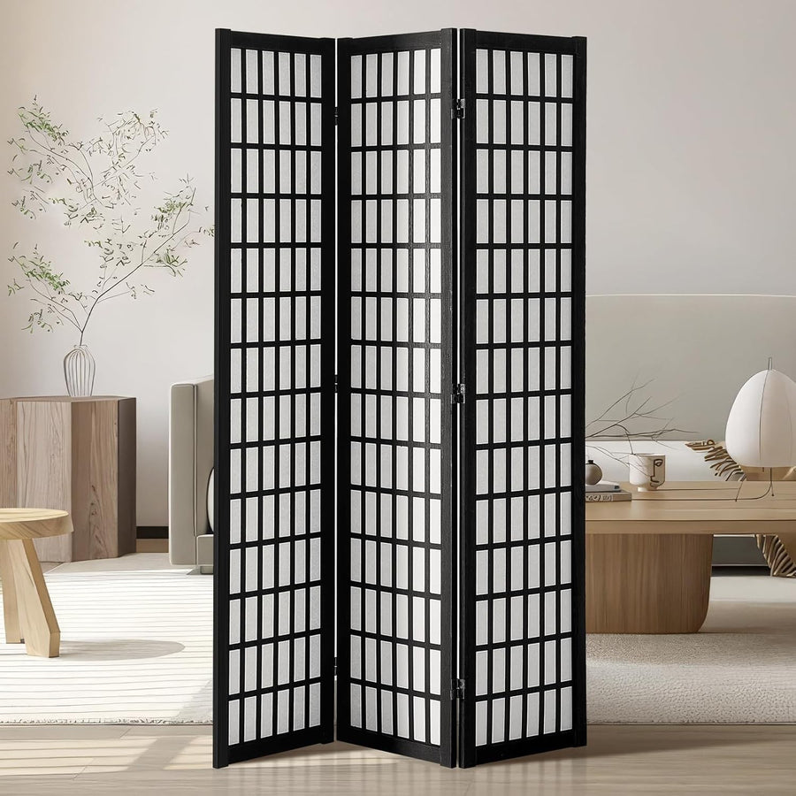 3 Panel Japanese Folding Room Divider Black Wood Privacy Screen 120x170cm
