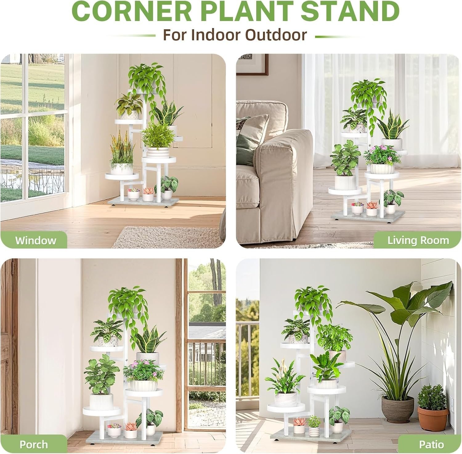 5-Tier White Metal & Wood Plant Stand, Tall Indoor Outdoor Flower Display Rack