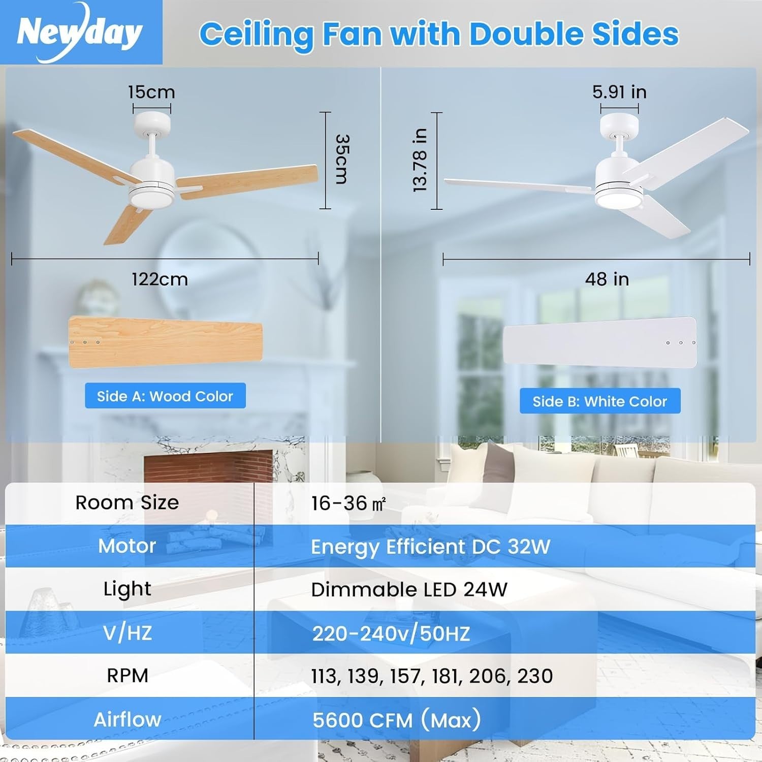 48" White-Wood Ceiling Fan Light, 6 Speeds, Remote Control, Dimmable