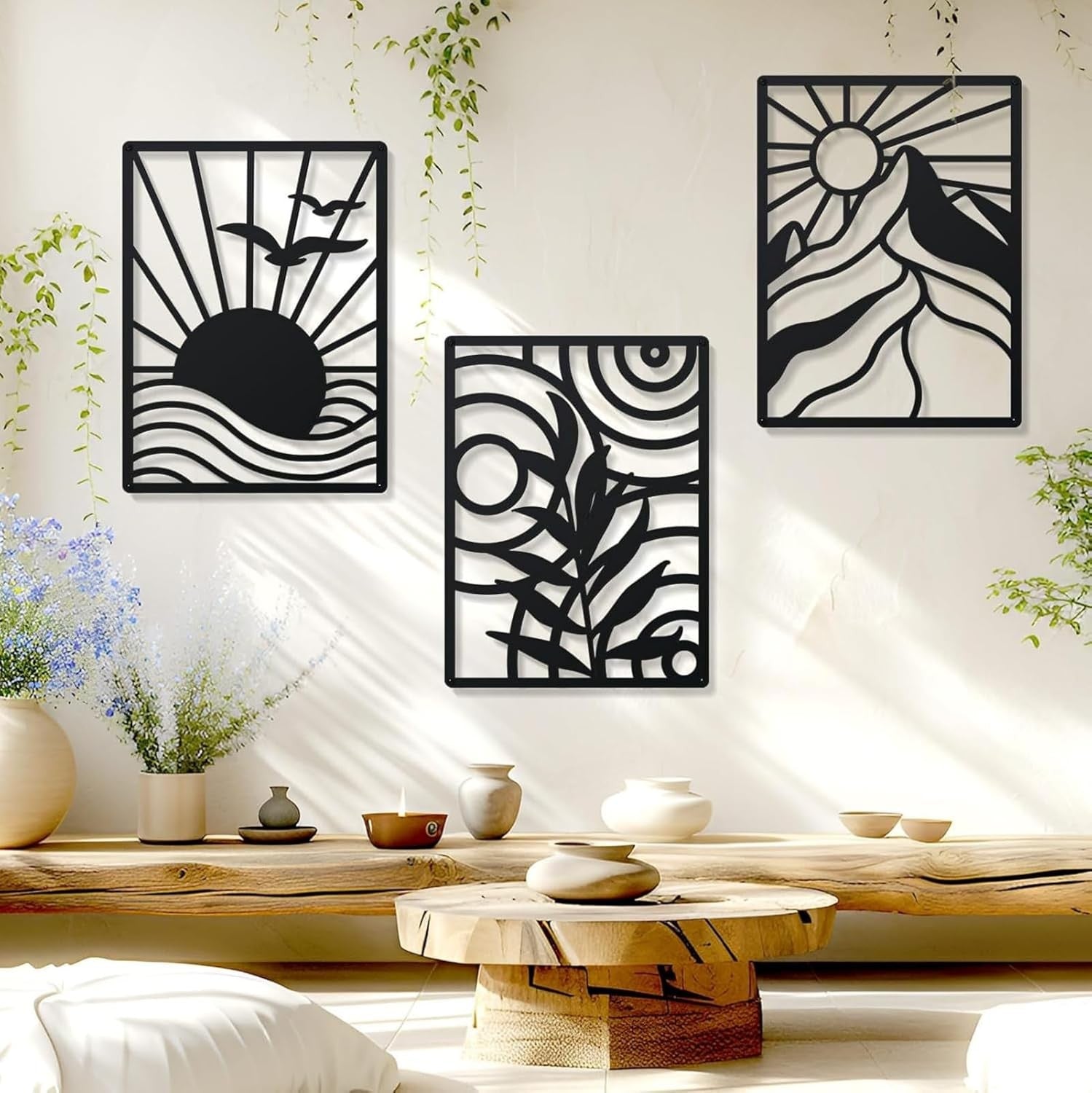 Large Metal Wall Art Set 3 Abstract Boho Black Minimalist Hanging Decor