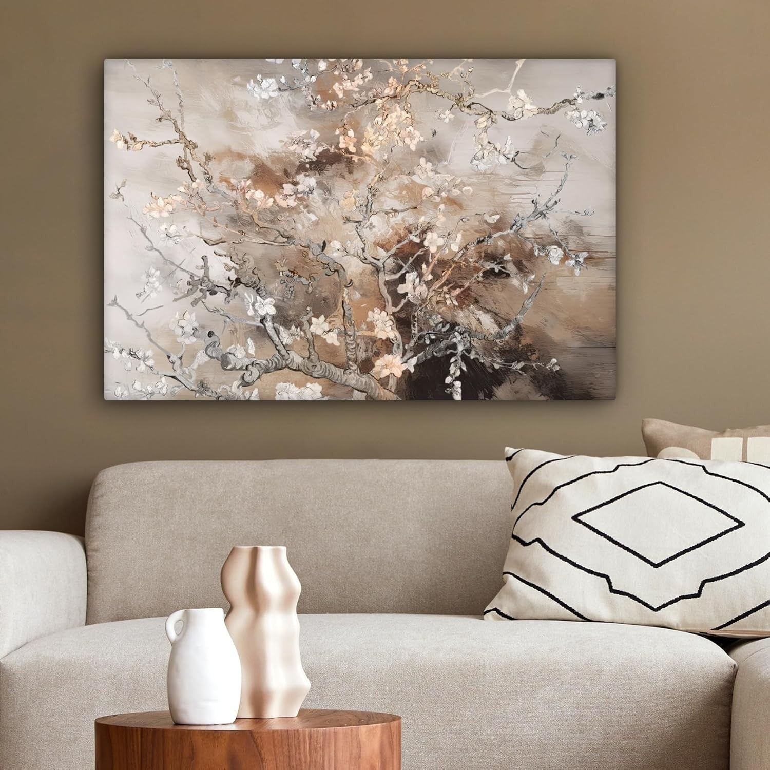 Almond Blossom Canvas Wall Art 60x40cm Framed Beige