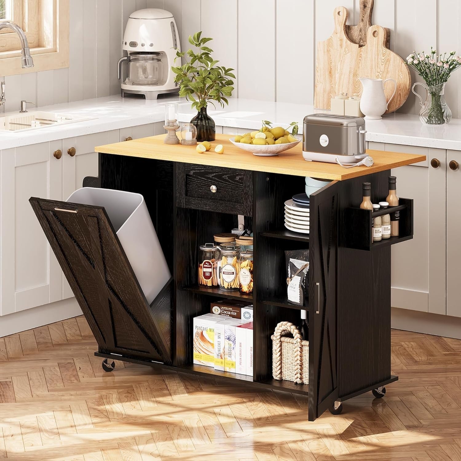 Rolling Kitchen Island Cart with Drop-Leaf, Trash Storage & Spice Rack
