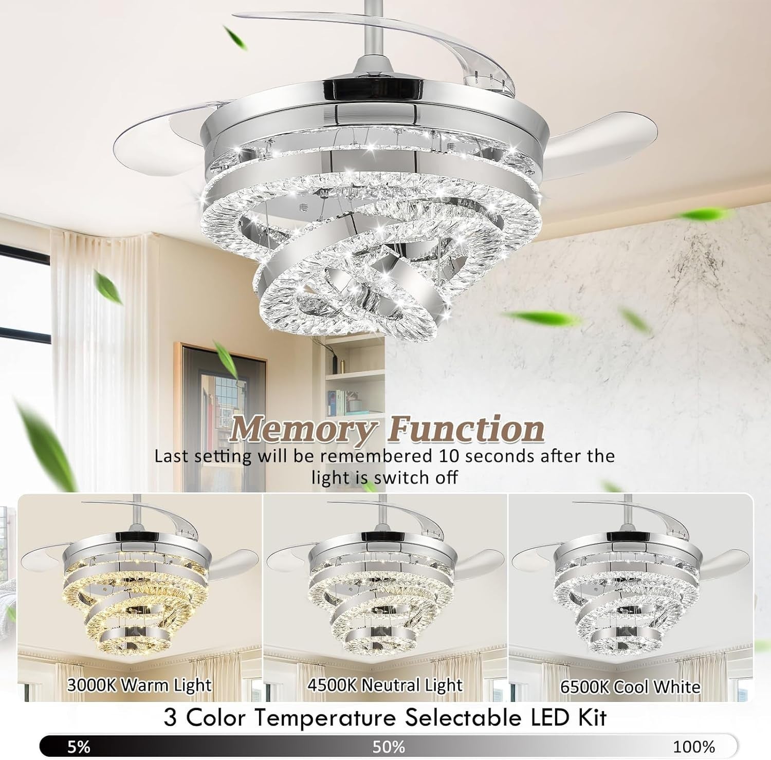 42" Crystal Ceiling Fan, 6 Speeds, Dimmable LED, Remote, Reversible