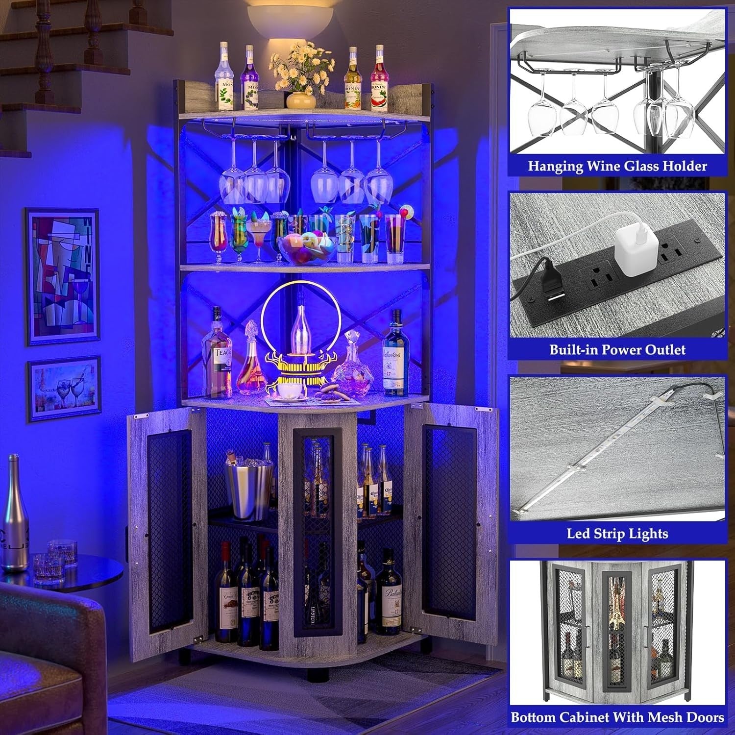 Corner Bar Cabinet with LED Lights & Power Outlets, 5-Tier Liquor Wine Storage