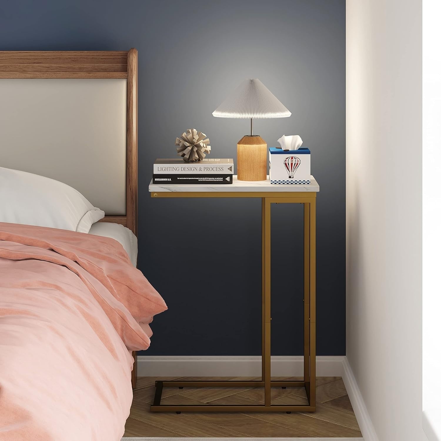 Slim C-Shaped Side Table with Marble Top, Slide Under Sofa Bed, Stylish & Sturdy