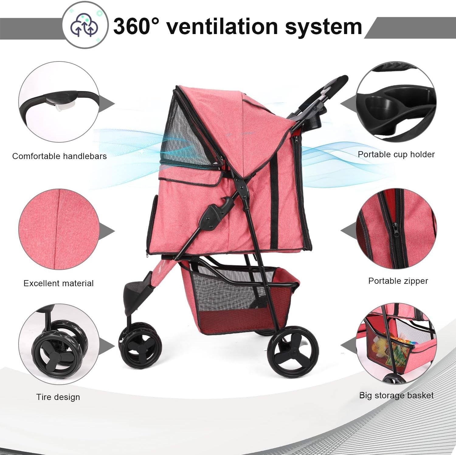 Rose Red Folding Dog Pram Pet Stroller Pushchair for Small Medium Dogs