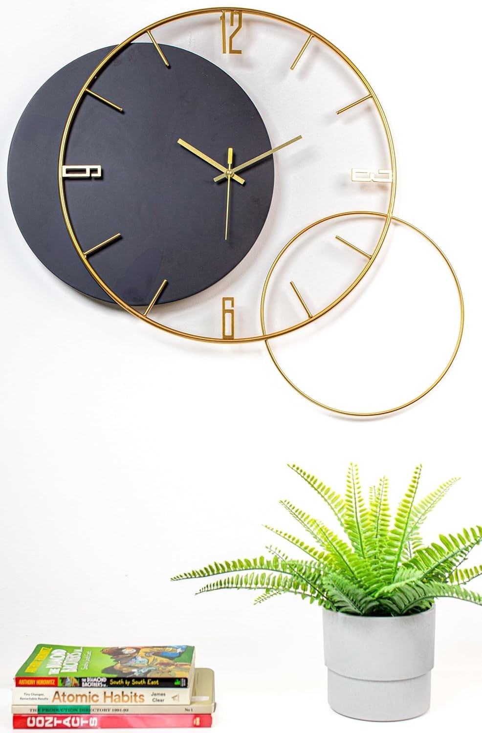Oversized Black Gold Wall Clock Silent Non-Ticking Modern Metal Decor 67x60cm