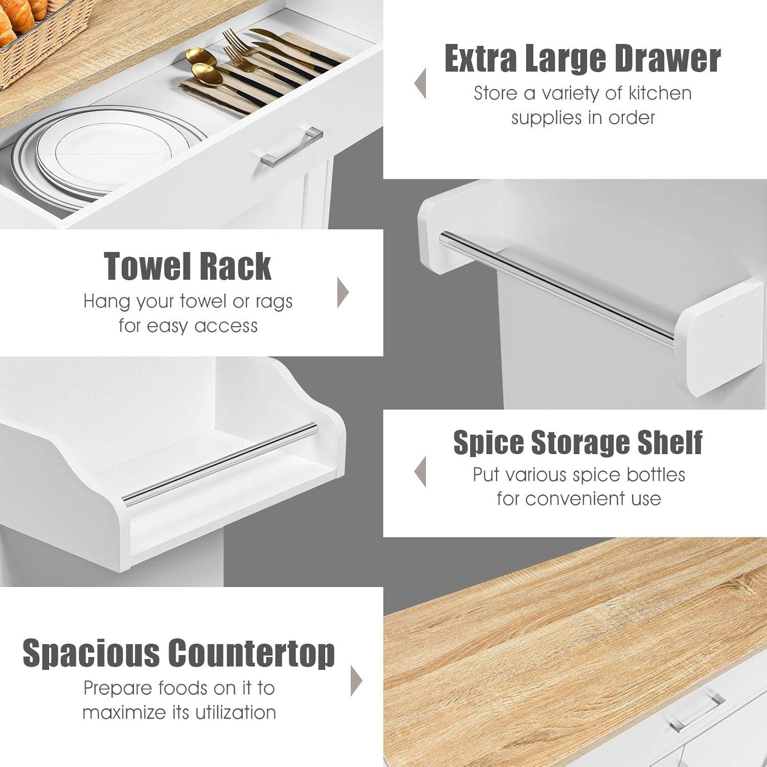 Large Kitchen Island Trolley Drawer Cabinet 116cm White