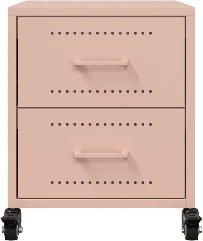 Set of 2 Pink Metal Bedside Tables with Drawers & Wheels | Modern