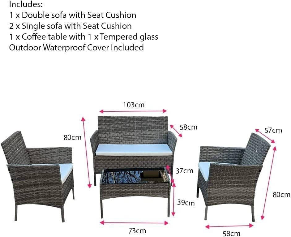4 Seater Rattan Garden Furniture Set Outdoor Sofa Chairs Table Cushions