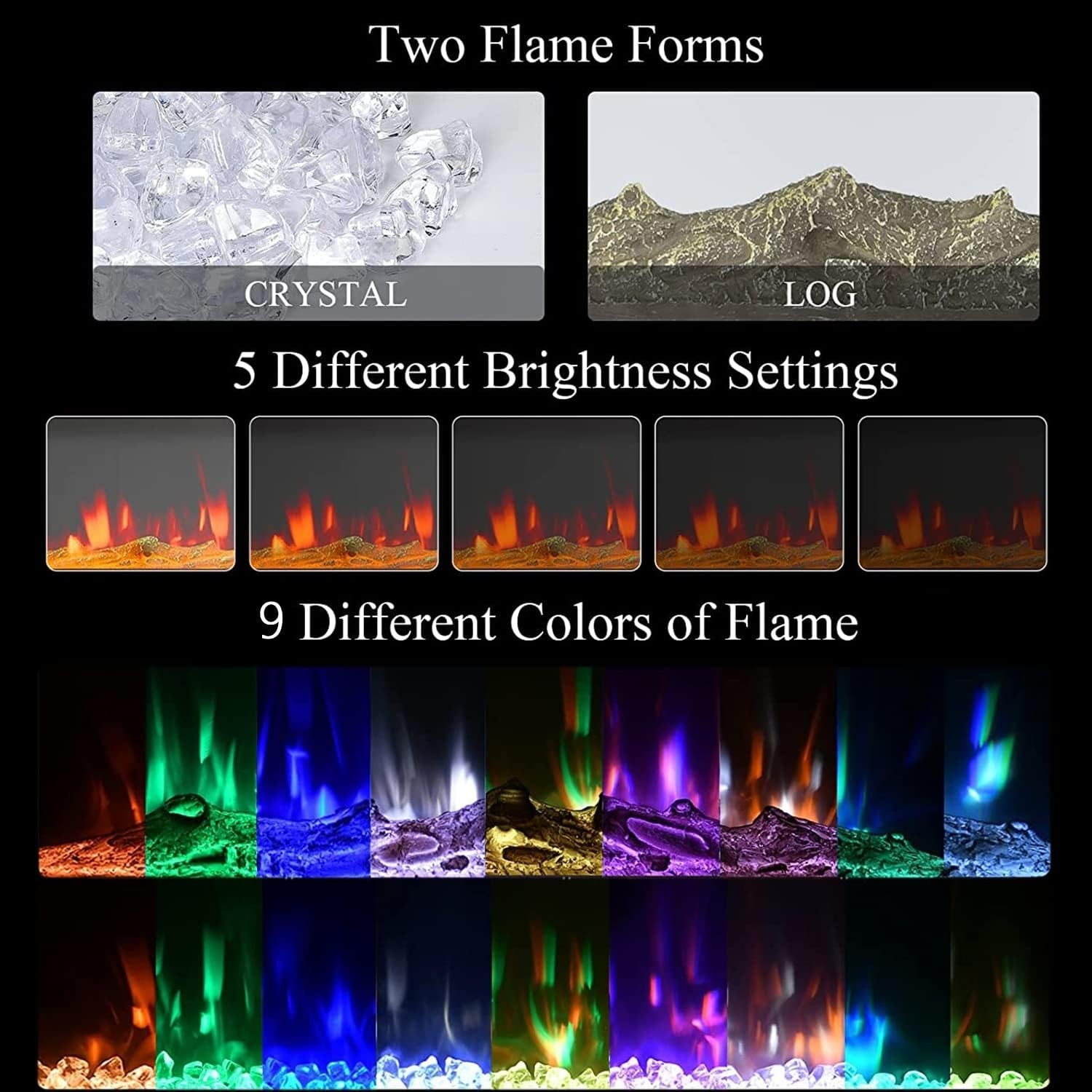 Wall Mounted Electric Fireplace 1800W Remote Control Color Flame LED