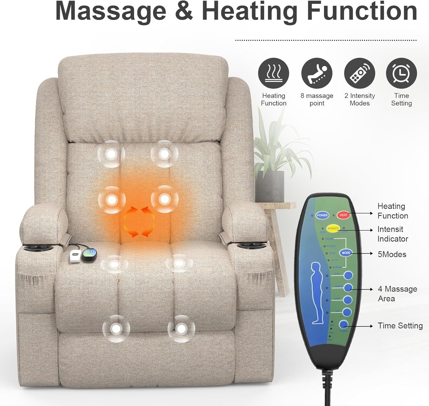 Power Lift Recliner Chair Massage Heat w/ Footrest USB Ports Cup Holders Cream
