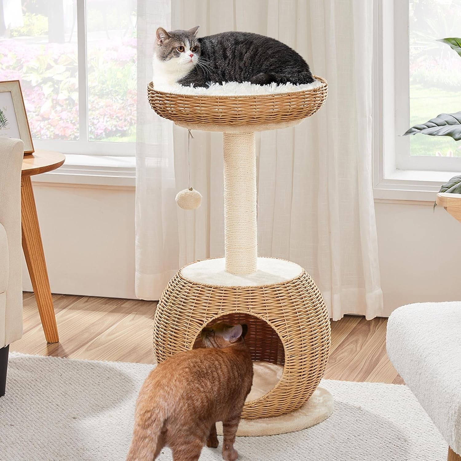 Rattan Cat Tree Tower 75cm Luxury Condo with Top Perch Scratching Post