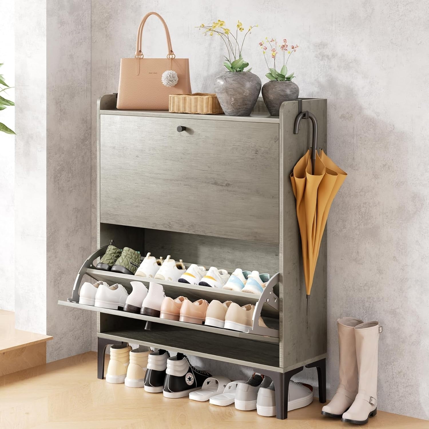 Grey 2 Drawer Shoe Cabinet Flip Storage Unit with Adjustable Dividers 80x24x100