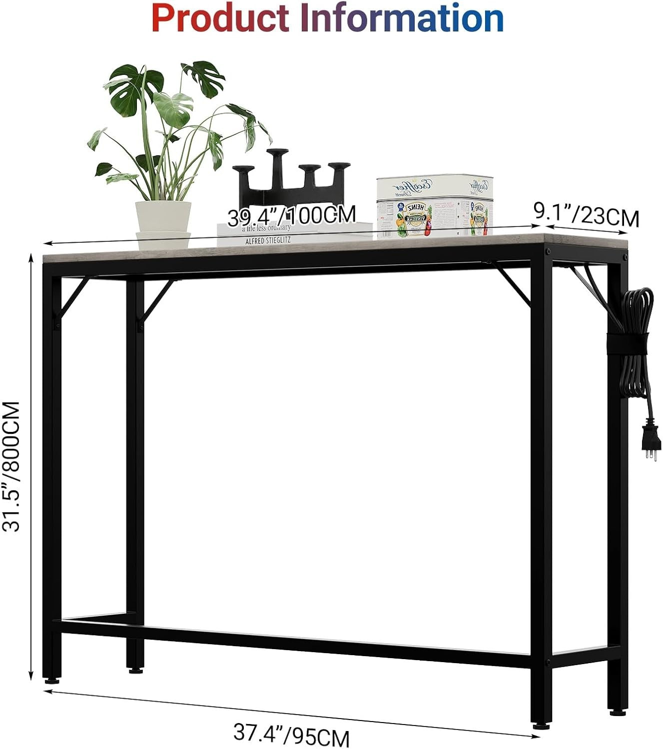 Narrow Console Table with USB-C Charging Station, Compact 100x23x80cm