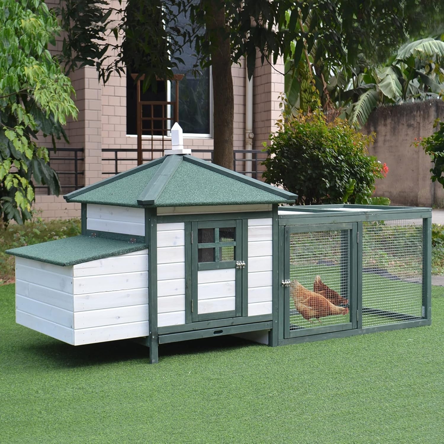 Large Outdoor Chicken Coop with Run Nest Box 196x76x97cm Green