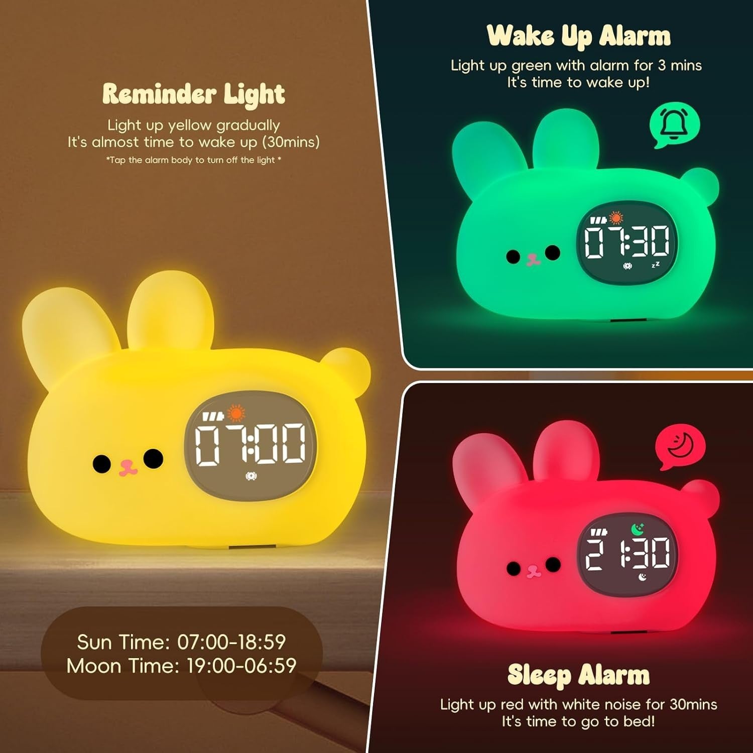 Kids Rabbit Alarm Clock with Night Light, Sleep Training & White Noise