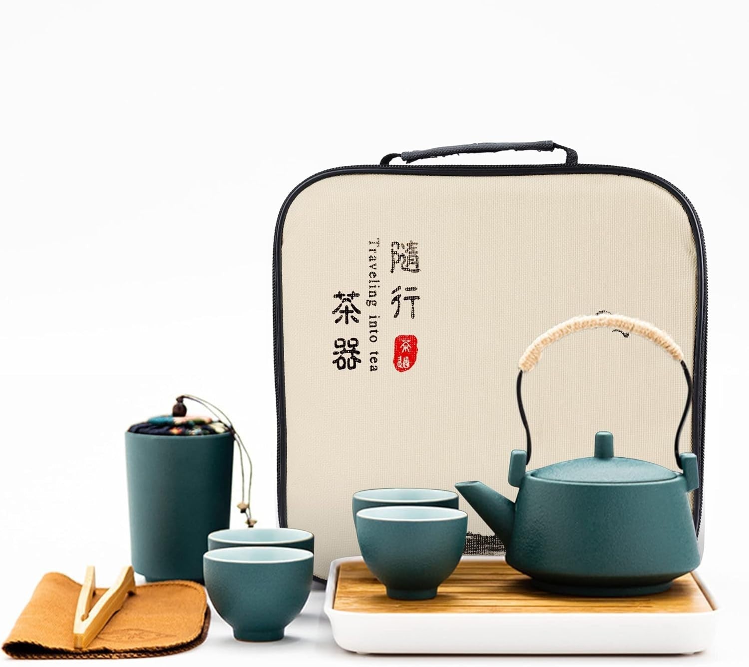 Portable Gongfu Tea Set Ceramic Teapot Cups Bamboo Tray Travel Bag