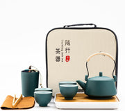 Portable Gongfu Tea Set Ceramic Teapot Cups Bamboo Tray Travel Bag