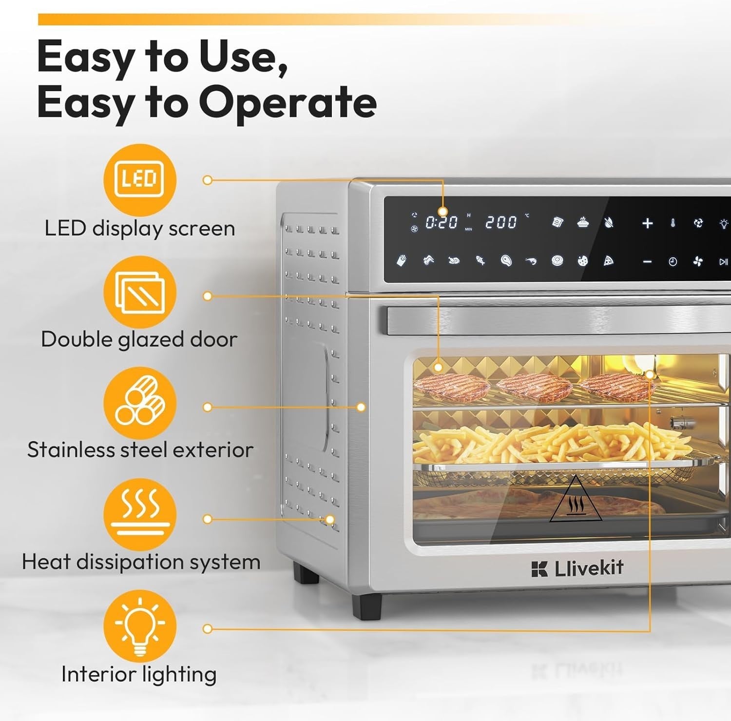 26L Air Fryer Oven Rotisserie 12-in-1 Touch LED 1700W Window 7 Accessories
