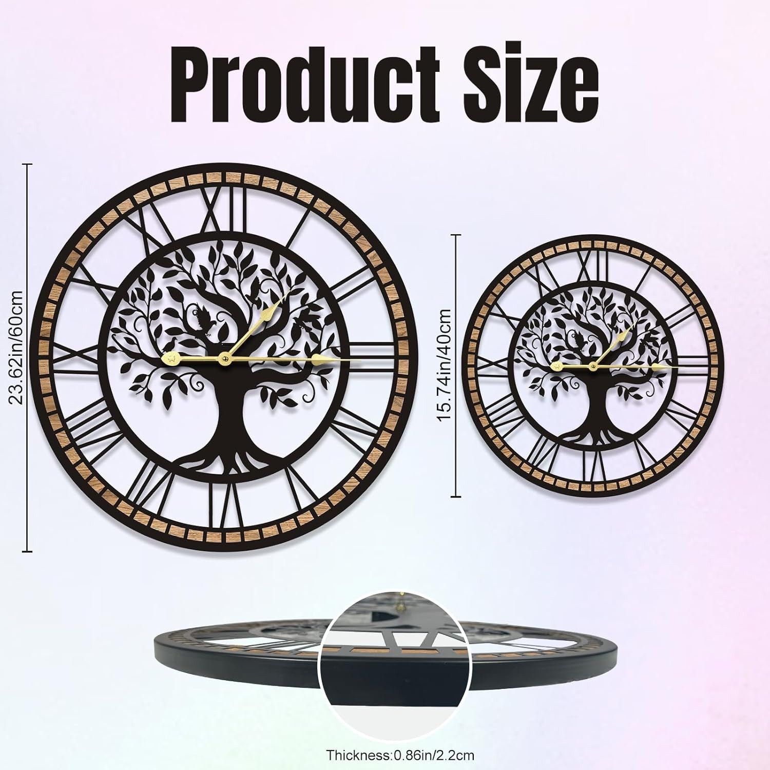 Tree of Life Large Metal Wall Clock – 16in Silent Modern Black Home Decor