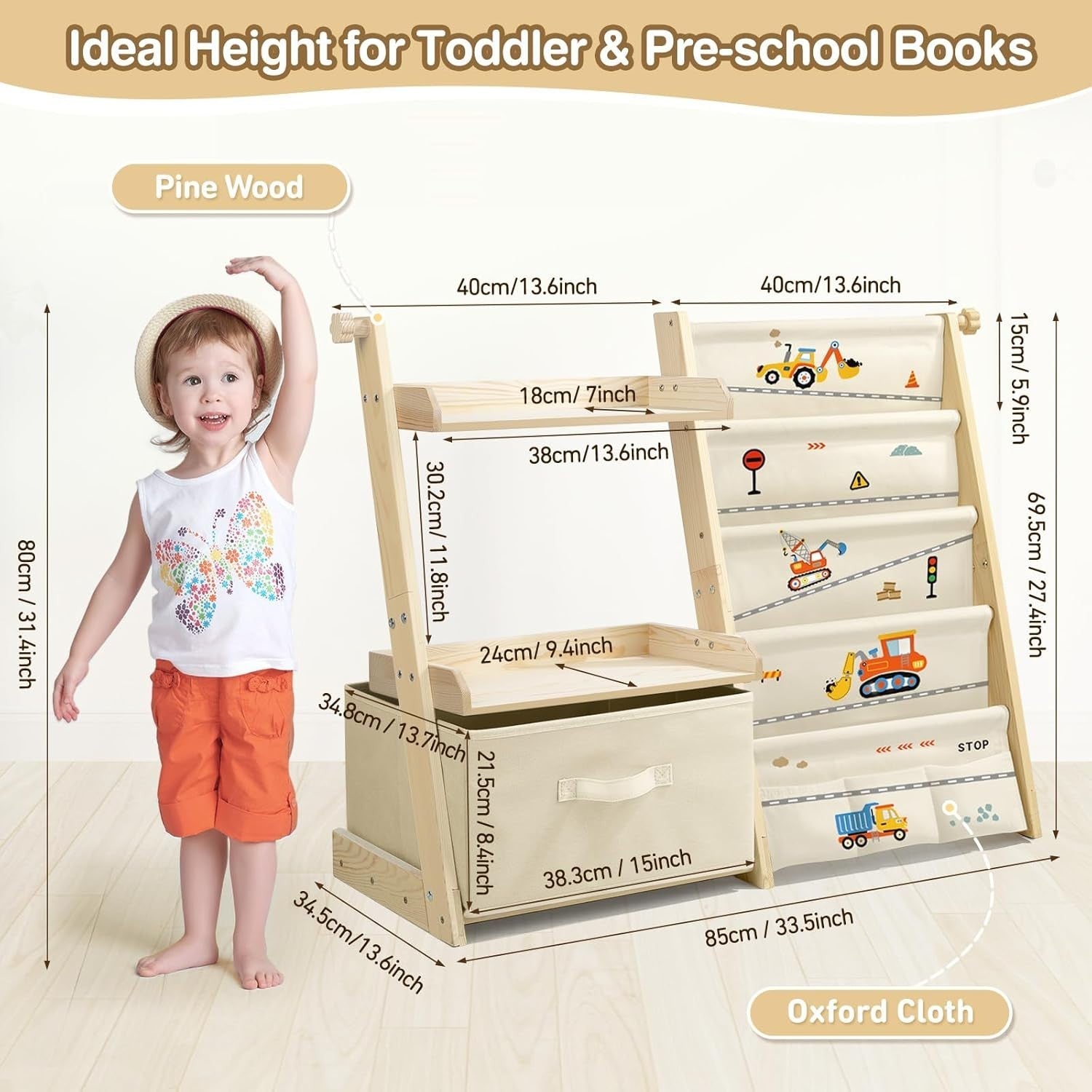 Excavator Kids Bookcase & Toy Storage – 4-Tier Wooden Shelf Unit with Toy Box