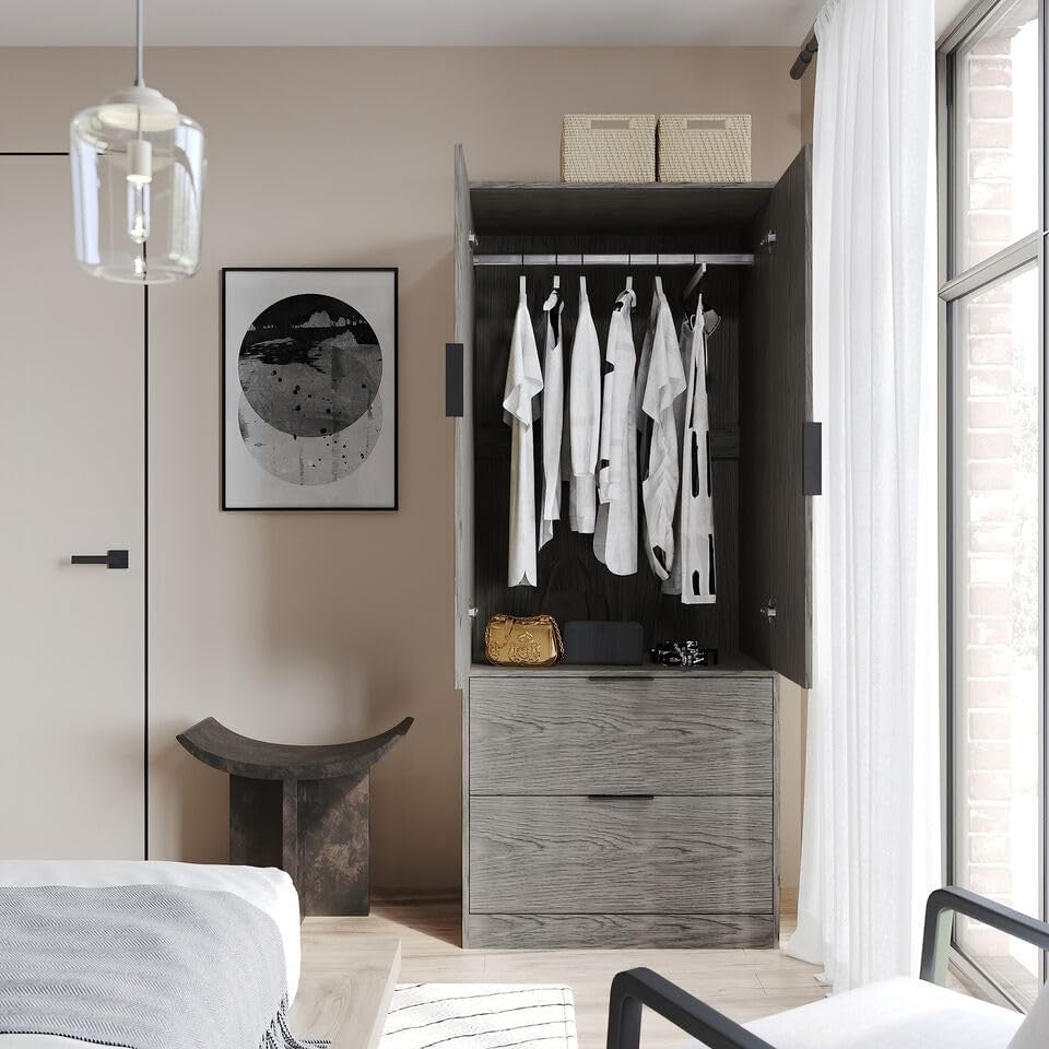 Minimalist 2 Door Wardrobe with Drawers & Hanging Rail - Space Saving Storage