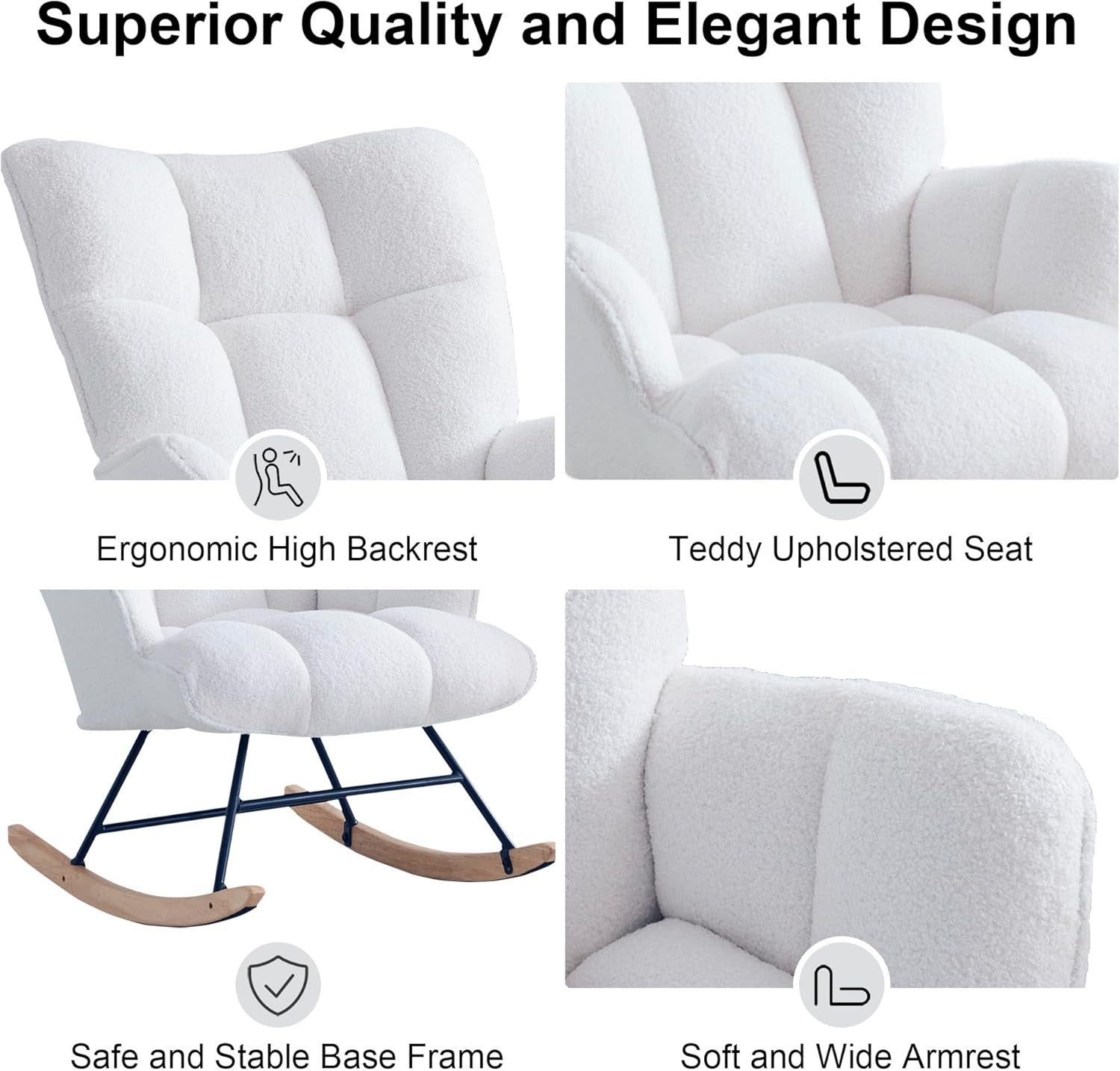Rocking Chair Nursery Glider Comfy Armchair High Back Padded Seat White Teddy
