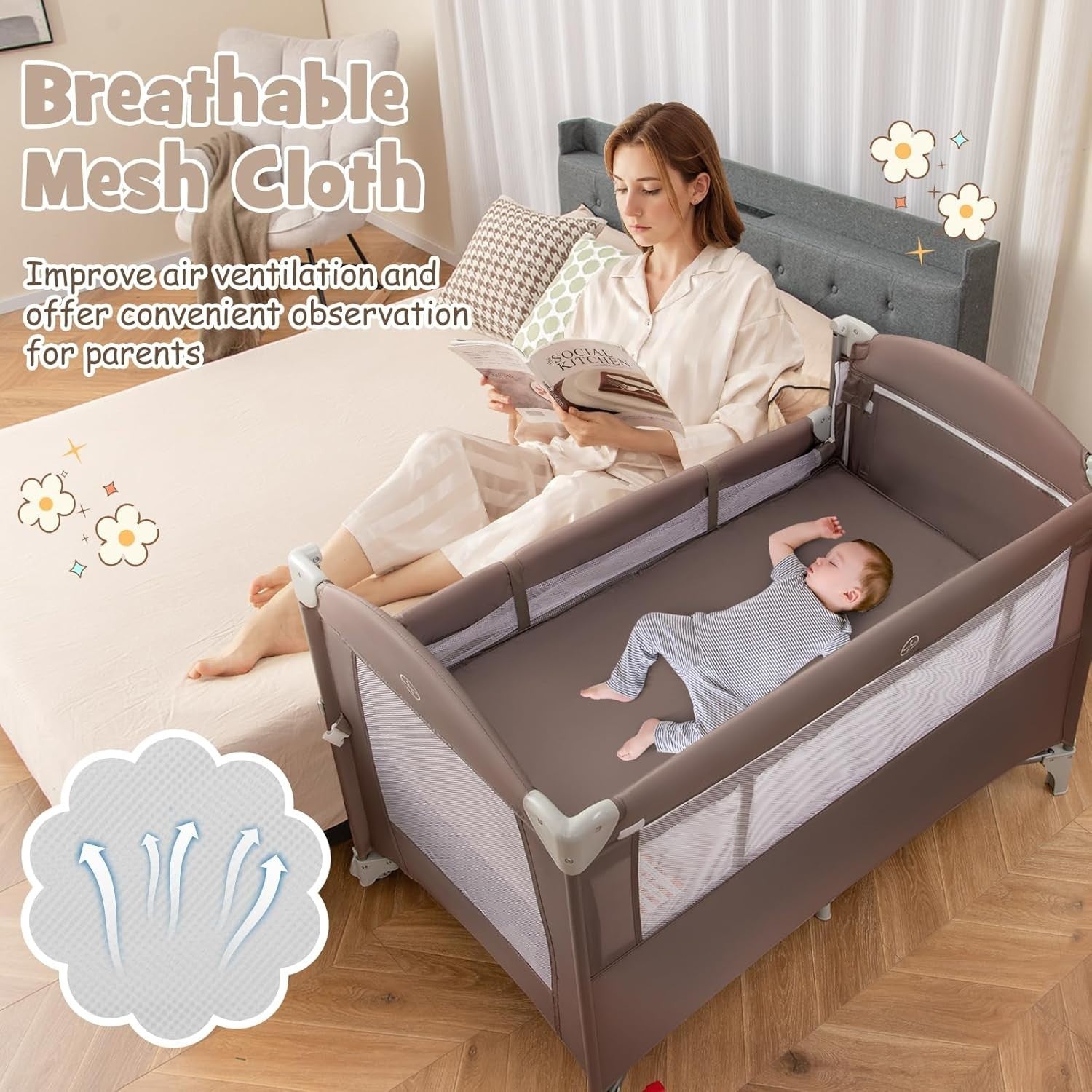 5in1 Baby Travel Cot Bedside Crib Bassinet w/ Mattress Changer Music Toys Brown