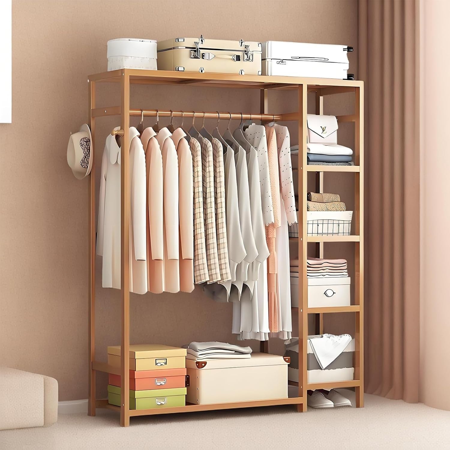 Bamboo Clothes Rail Garment Rack 4 Tier Storage Shelves Natural Wood