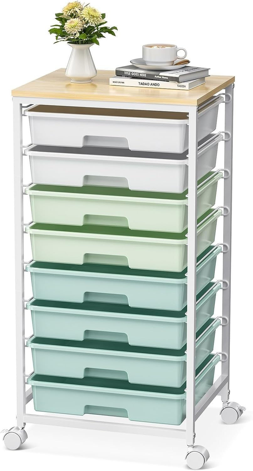 8 Drawer Rolling Storage Cart Utility Organizer Trolley Wheels Green