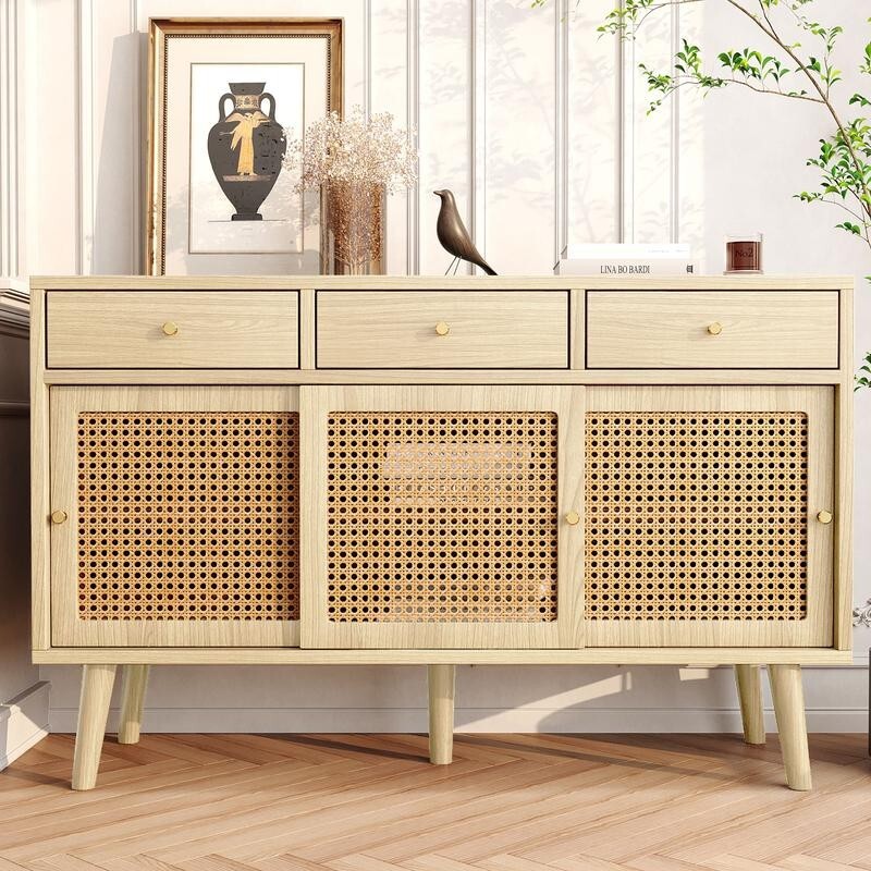 Rattan Sideboard Cabinet 3 Drawer Storage Unit 120cm Boho Retro Wood