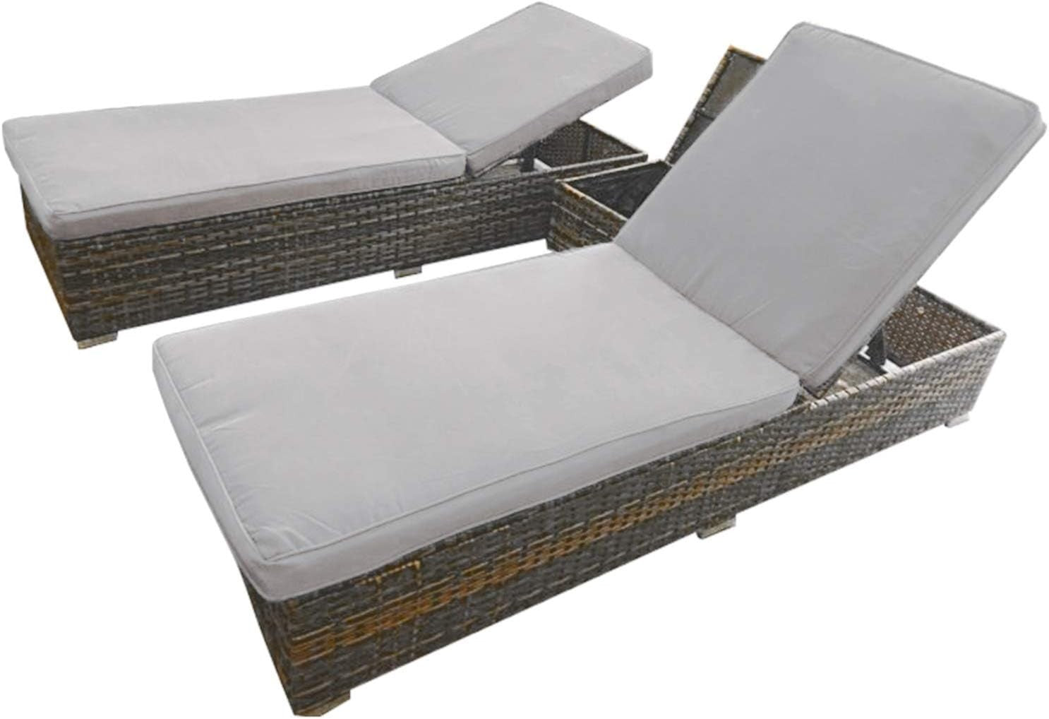 3-Piece Rattan Sun Lounger Set with Cushions & Storage Table, Adjustable Back