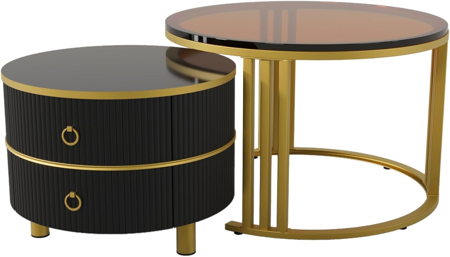 Round Nesting Coffee Table Set with 2 Drawers & Brown Glass Top – Space Saving