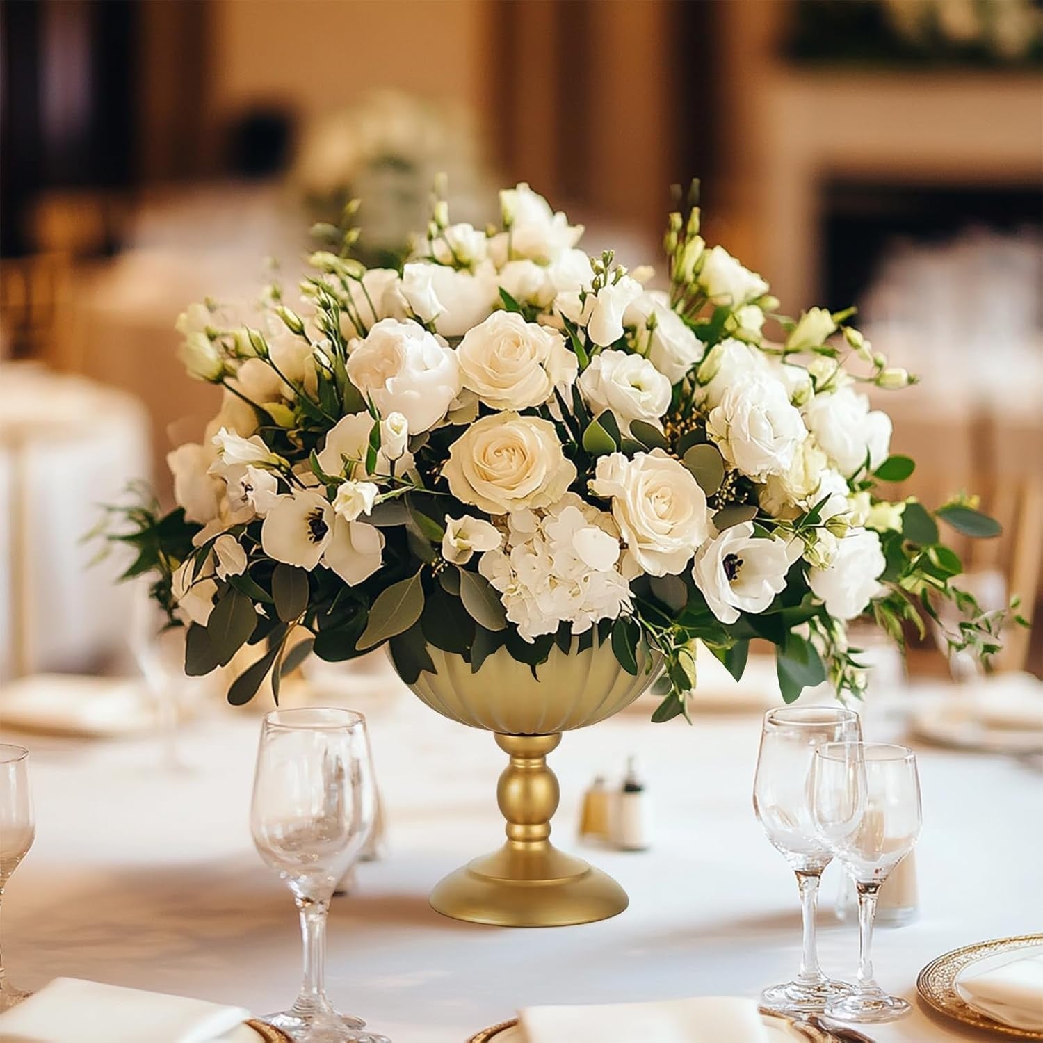 Gold Urn Wedding Centrepiece Vase Pair – 20cm Metal Flower Table Decor