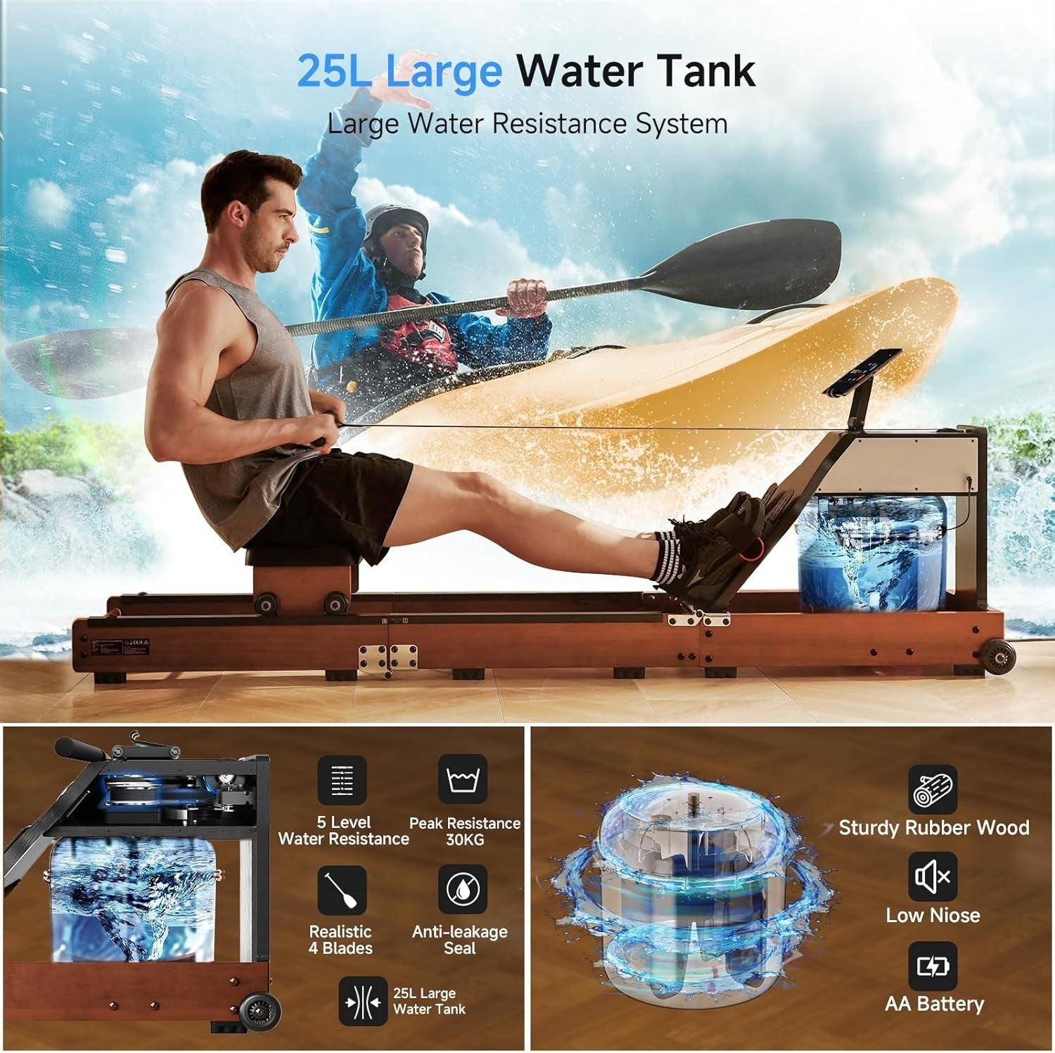Triple-Fold Water Rowing Machine 5-Level Resistance LED App Rower 120KG Red Oak
