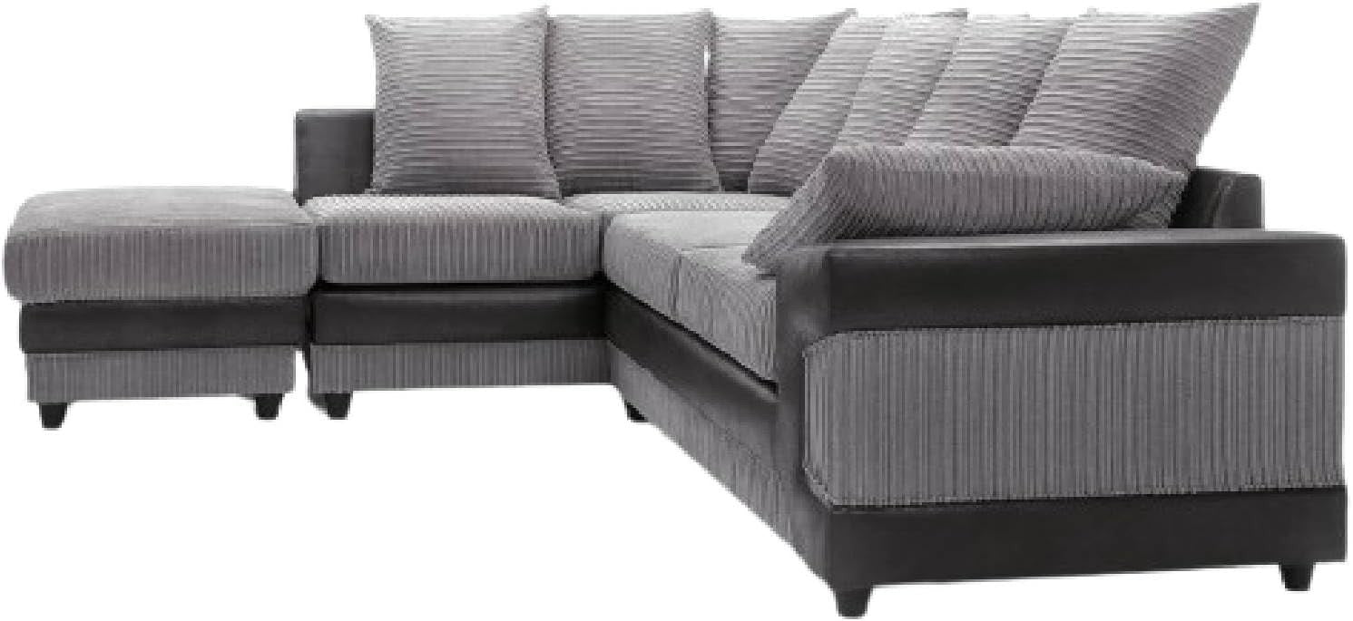 5 Seater Corner Sofa Black & Grey L Shape Couch Fabric Leather Modern