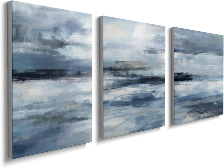 Set of 3 Abstract Canvas Wall Art Blue Grey 40x30cm Framed