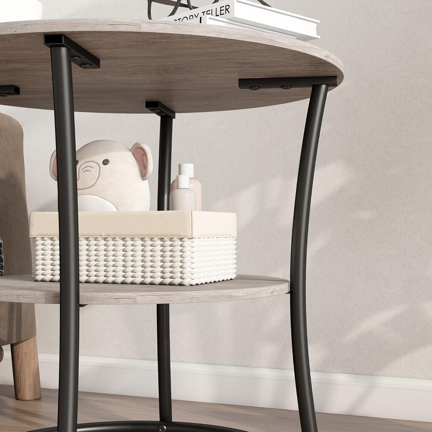 Round 2-Tier Side Table with Storage Shelves, Sturdy Metal Frame, Grey