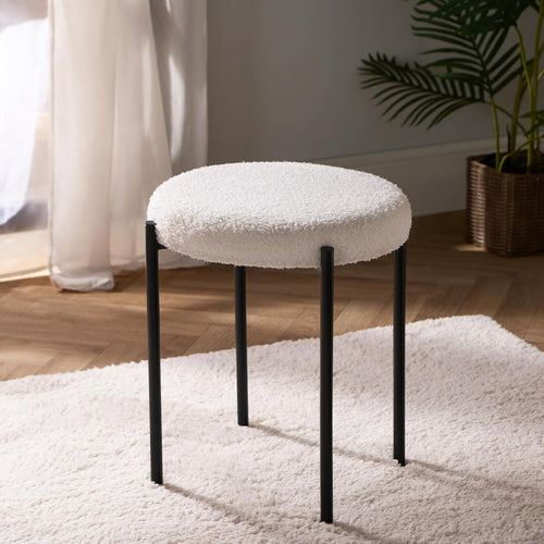 Cream Bouclé Round Footrest Stool Modern Vanity Chair Metal Leg Seat