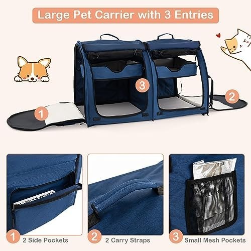 Foldable 2-in-1 Pet Carrier Navy Cat Dog Travel Crate with Hammocks & Litter Box