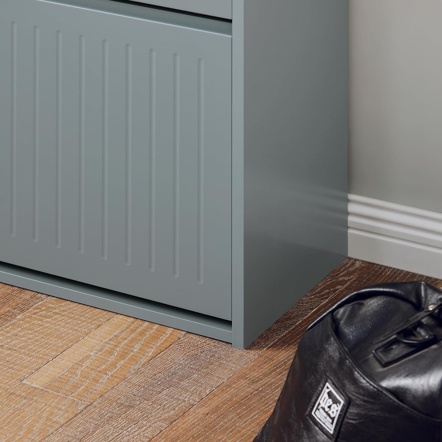 Slim Shoe Storage Cabinet Grey – 2 Flip Drawers Narrow Hallway Cupboard MDF