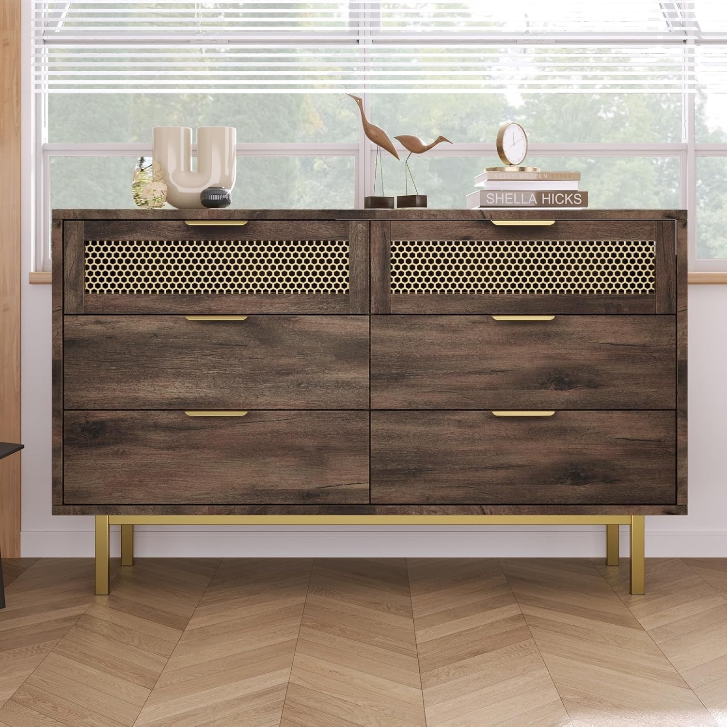 Dark Brown Sideboard Cabinet with 3 Drawers, 2 Doors & Adjustable Shelves