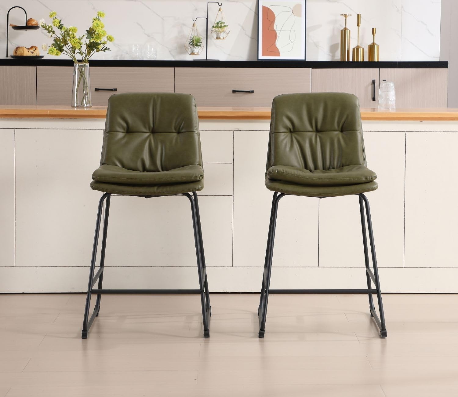 Modern Green Bar Stools Set of 2 – PU Leather Counter Chairs